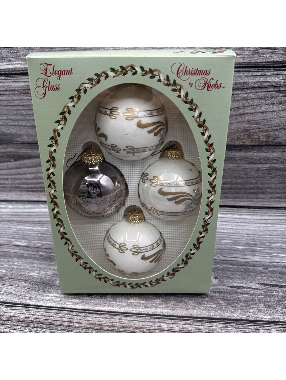 Vintage 4 Pk Krebs Gold Crown Christmas Glass Ornament Scroll Collection NIP